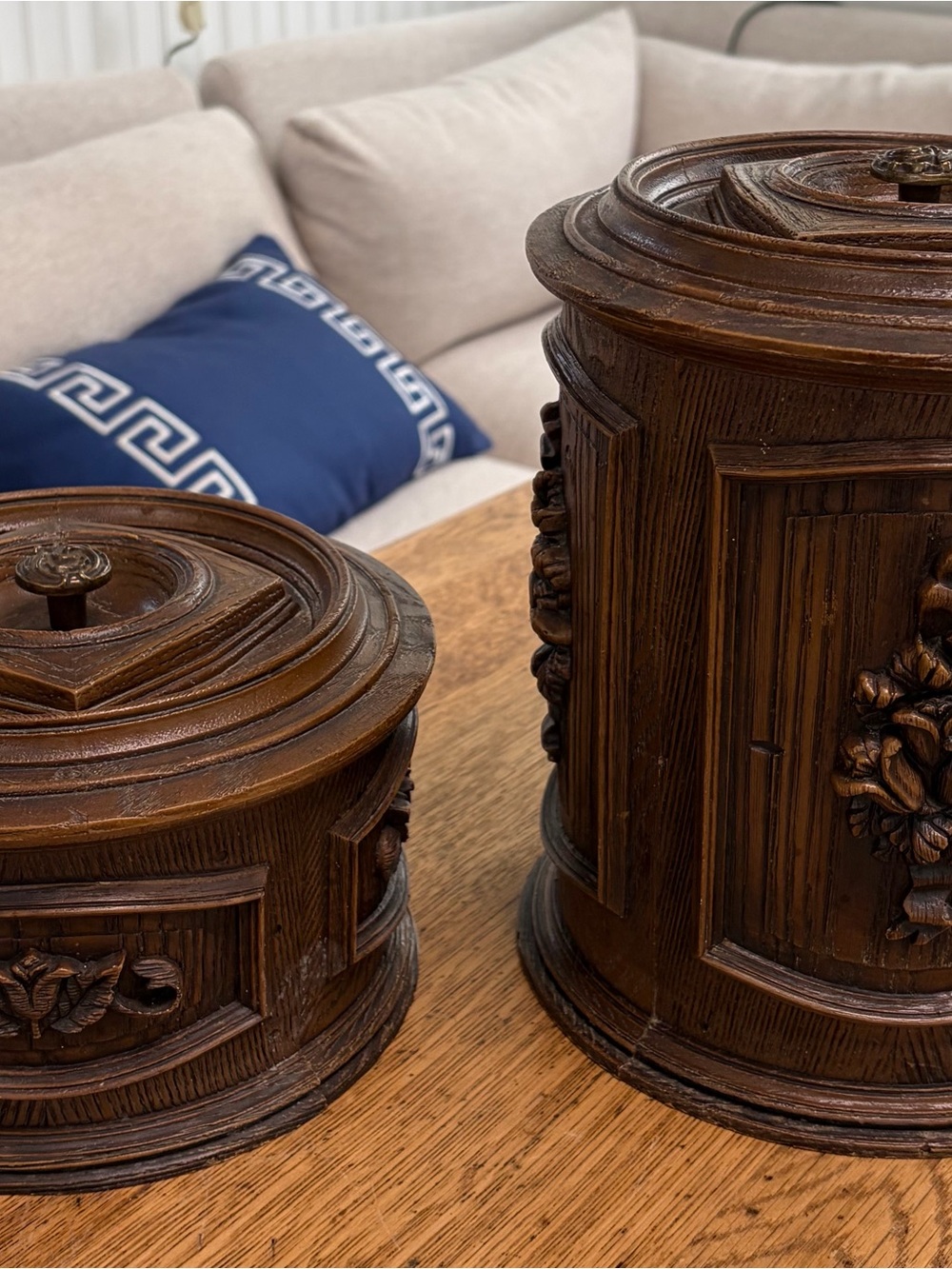Source Unknown Hand-Carved Brown Decorative Wood Canisters